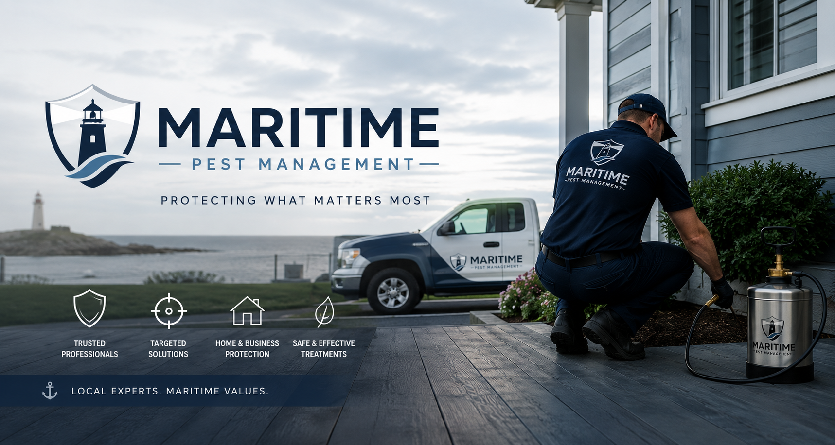 Maritime Pest Management technician treating a coastal home, with a branded service truck and lighthouse in the background